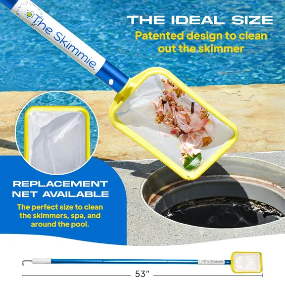 The Skimmie&reg; Skimmer Net & 53" Pole with Stainless Steel Hook, Dual Basket Handles & Fine Mesh