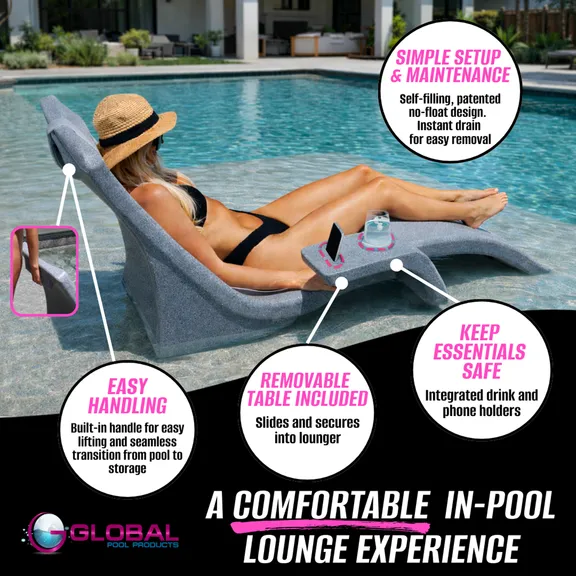 Global Pool Products Lounge Chairs with Connecting Table, Set of 2, Grey