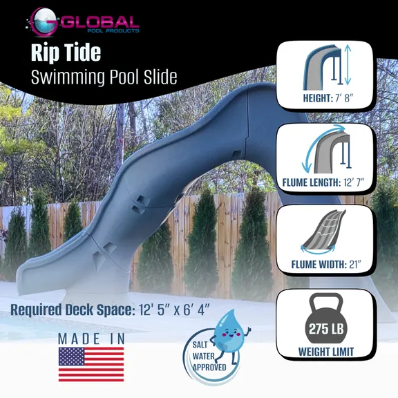 Global Pool Products Left Curve Grey Inground Swimming Pool Water Slide, Deck Mounted RIP TIDE