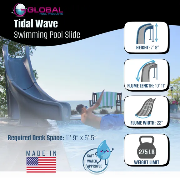 Global Pool Products Tidal Wave Deck Mounted Left Curve Water Slide for Inground Pools, Gray