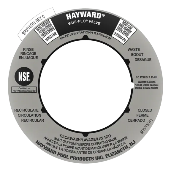 Hayward 2" Vari-Flo Valves Label Plate Compatible with SP0715 and SP0716 Models