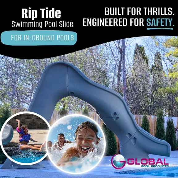 Global Pool Products RIP TIDE Inground Swimming Pool Water Slide Deck Mounted, Right Curve Turn Gray