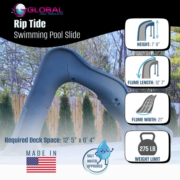 Global Pool Products RIP TIDE Inground Swimming Pool Water Slide Deck Mounted, Right Curve Turn Gray
