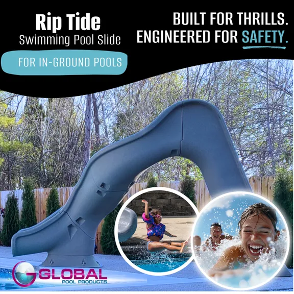 Global Pool Products Left Curve Grey Inground Swimming Pool Water Slide, Deck Mounted RIP TIDE
