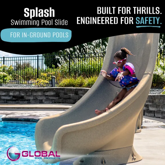 Global Pool Products SPLASH Inground Swimming Pool Water Slide, Deck Mounted Right Curve Turn, Sand