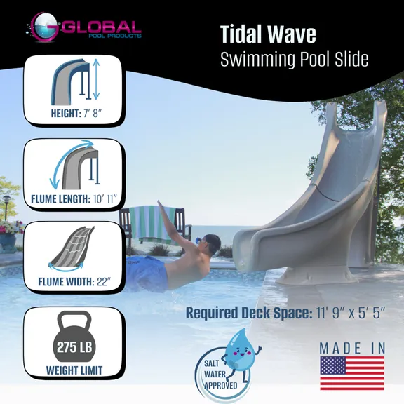 Global Pool Products Tidal Wave Inground Swimming Pool Water Slide Deck Mounted, Right Curve Turn Sand