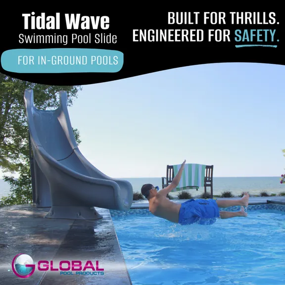 Global Pool Products Tidal Wave Deck Mounted Left Curve Water Slide for Inground Pools, Gray