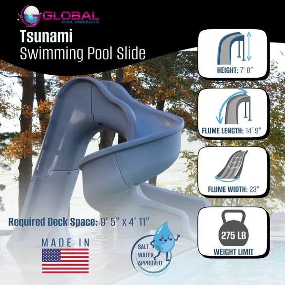Global Pool Products Deck Mounted Inground Swimming Pool Water Slide TSUNAMI, Grey