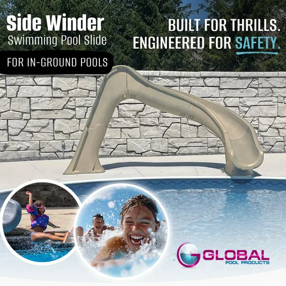 Global Pool Products - Sand-Colored, Right Curve, Deck Mounted, SIDE WINDER Inground Swimming Pool Water Slide