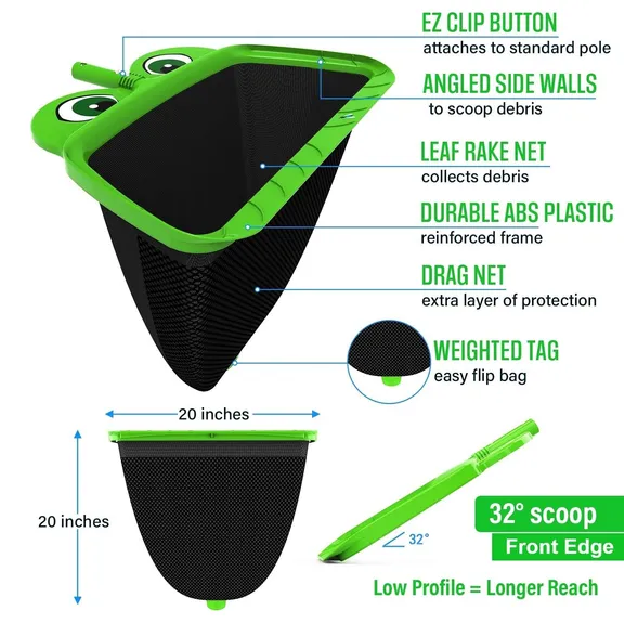 Skimmie&reg; Big Mouth Nets&reg; Mr Frog Black Large Leaf Rake Skimmer, 20"