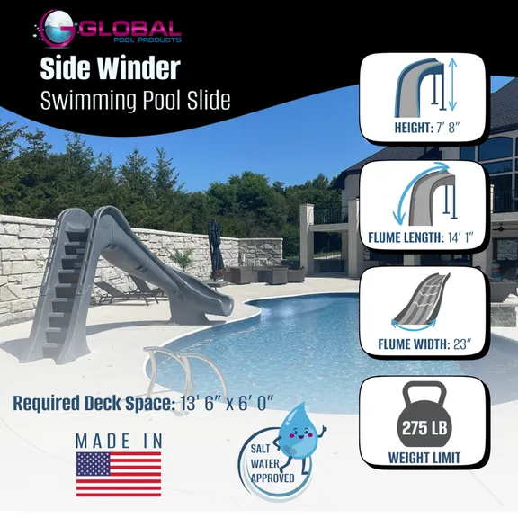 Global Pool Products Deck Mounted Inground Swimming Pool Water Slide Right Curve, Gray