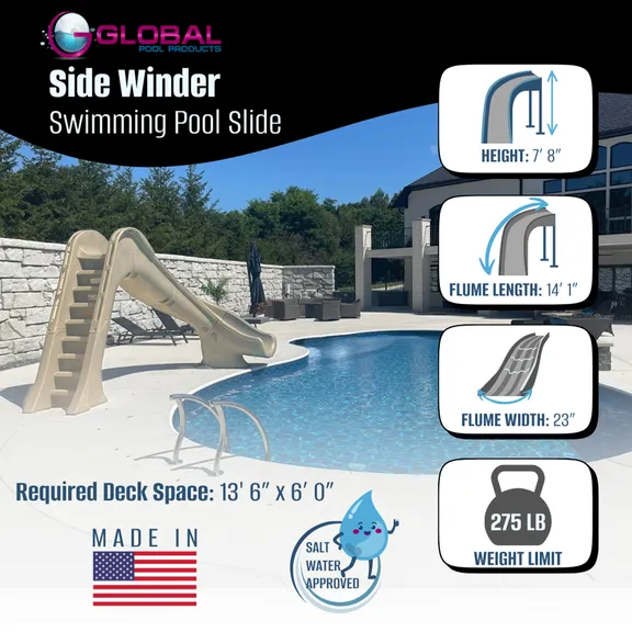 Global Pool Products - Sand-Colored, Right Curve, Deck Mounted, SIDE WINDER Inground Swimming Pool Water Slide
