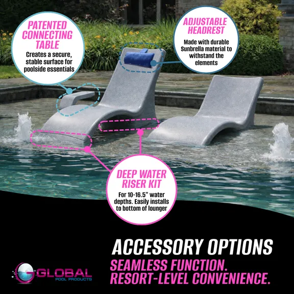 Global Pool Products Lounge Chairs with Connecting Table, Set of 2, Grey