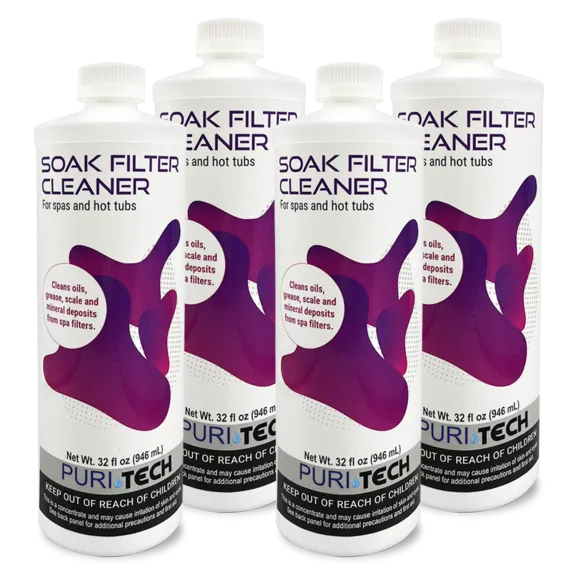 Puri Tech Spa Soak Filter Cleaner Effectively Removes Minerals and Oils from Spa/Hot Tub Filter Cartridges 32oz (Pack of 4)