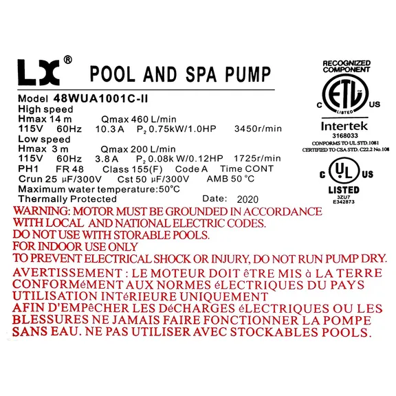 LX 2-Speed Pump with 2" Fittings, 1.0HP, 115V 10.3A / 3.8A 48WUA1001C-II