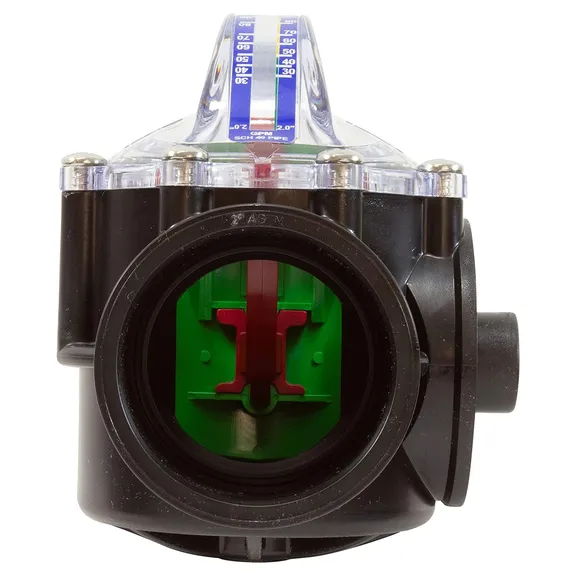Valve body with non-sealing check valve for 2” Sch.40 pipe. Scale in GPM