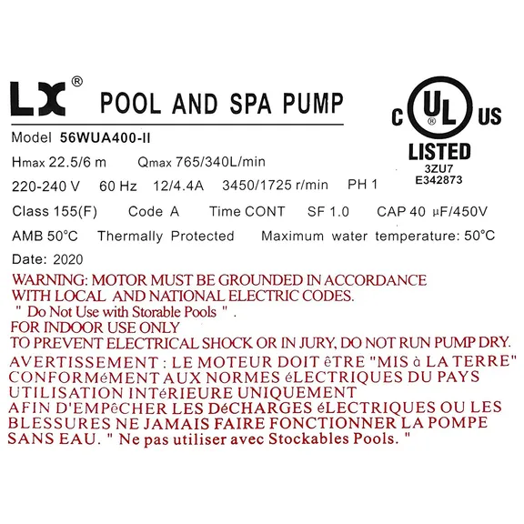 LX 2-Speed, Baseless Pump, 2” Diameter 4.0HP, 230V, 12A, 4.0HP 56WUA400-II