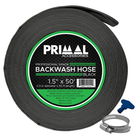 Primal Accessories Commercial Grade 1.5 inch x 50 feet Black Backwash Hose with 3 Bar / 43.5 psi Capacity