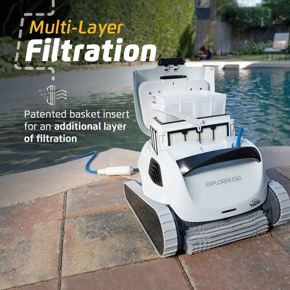 Maytronics Dolphin Explorer E50 Automatic Robotic Pool Cleaner with Universal Caddy