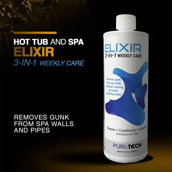 Puri Tech Spa Elixir 3-in-1 Weekly Care Hot Tub and Spa Cleaner, Conditioner, Clarifier for Wall and Pipes 32oz
