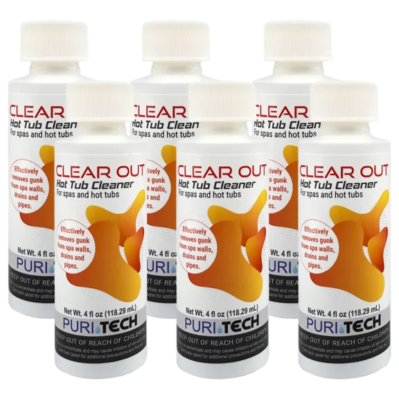 Puri Tech Clear Out 6-Pack Spa and Hot Tub Cleaner, 4oz - Eliminates Gunk from Walls, Drains, and Pipes
