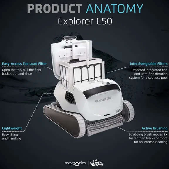 Maytronics Dolphin Explorer E50 Automatic Robotic Pool Cleaner with Universal Caddy