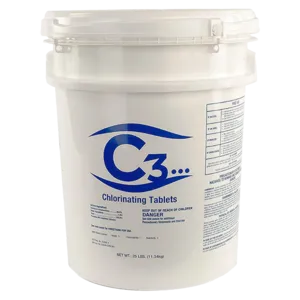 C3 3" Stabilized Tri-Chlor Pool Cleaner Chlorine Tablets for Swimming Pools, 25lb.