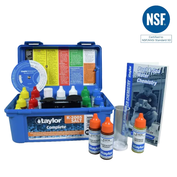 Taylor Technologies Complete Water Testing Kit for Chlorine, Bromine, pH, Alkalinity, Hardness, CYA and Salt - 0.75 oz Bottles