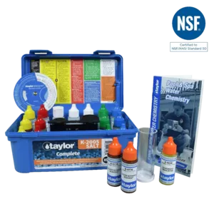 Taylor Technologies Complete Water Testing Kit for Chlorine, Bromine, pH, Alkalinity, Hardness, CYA and Salt - 0.75 oz Bottles