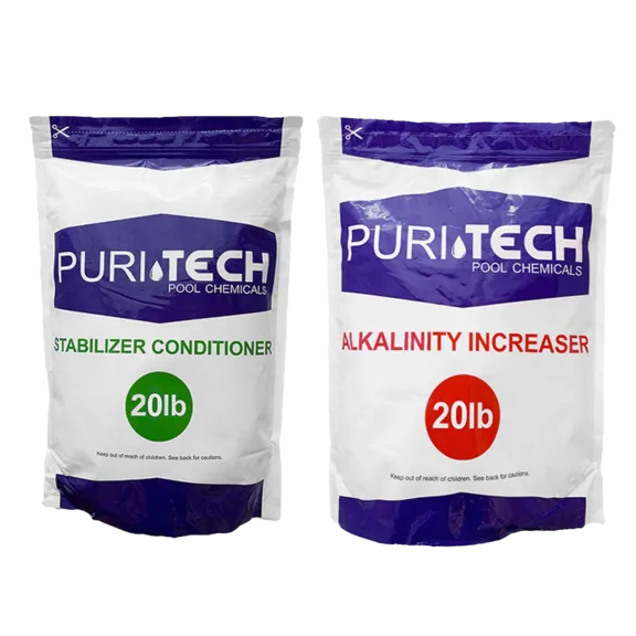 Puri Tech Chemicals Pool and Spa Care Kit - 20 lb Alkalinity Increaser and 20 lb Stabilizer Conditioner for Clean Water and Surfaces