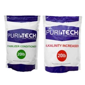 Puri Tech Chemicals Pool and Spa Care Kit - 20 lb Alkalinity Increaser and 20 lb Stabilizer Conditioner for Clean Water and Surfaces