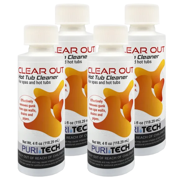Puri Tech Clear Out 4oz Hot Tub Cleaner Removes Gunk from Spa Walls, Drains, and Pipes (Pack of 4)