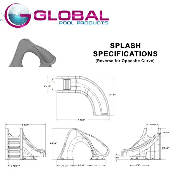 Global Pool Products SPLASH Inground Swimming Pool Water Slide Deck Mounted, Right Curve Turn Gray