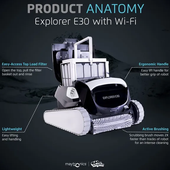 Dolphin Explorer E30 Automatic Robotic Pool Cleaner with WiFi, Caddy, and Cover