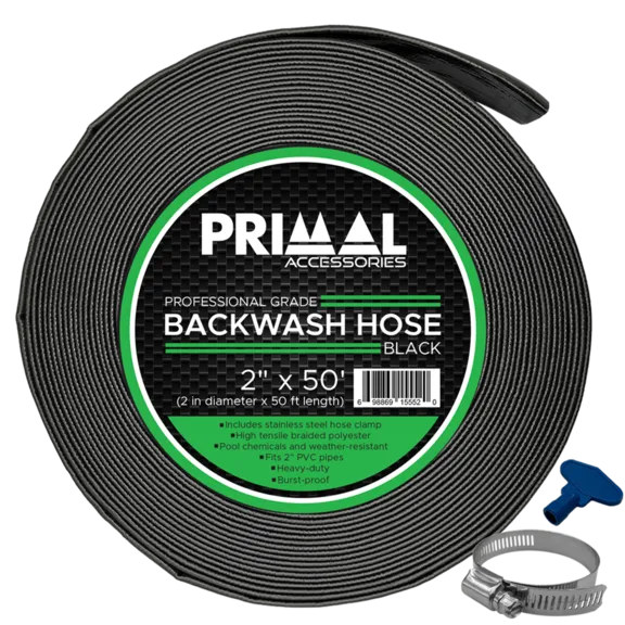 Primal Accessories Commercial Grade 2-inch x 50-feet Black Backwash Hose with 3 Bar / 43.5 psi