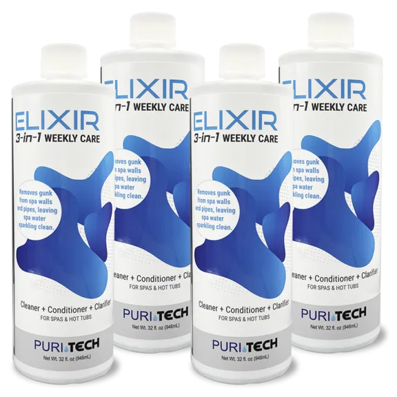 Puri Tech Spa Elixir 4-Pack: Weekly 3-in-1 Cleaner, Conditioner, Clarifier for Spas and Hot Tubs - Eliminates Gunk from Pipes and Walls (32oz)