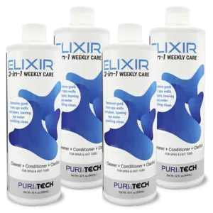Puri Tech Spa Elixir 4-Pack: Weekly 3-in-1 Cleaner, Conditioner, Clarifier for Spas and Hot Tubs - Eliminates Gunk from Pipes and Walls (32oz)