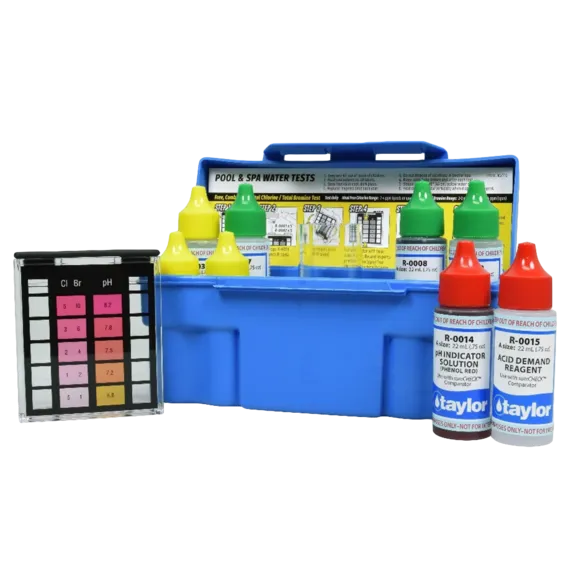 Taylor Technologies&reg; 6-Way Test Kit for Free Chlorine, Total Chlorine, Bromine, pH, Alkalinity - 0.75 oz bottles
