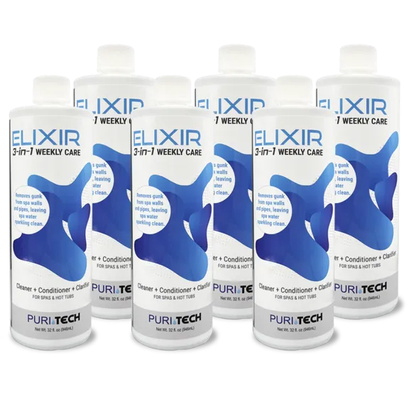Puri Tech Spa Elixir 3-in-1 Weekly Care Hot Tub and Spa Cleaner, Conditioner, Clarifier for Wall and Pipes 32oz (Pack of 6)