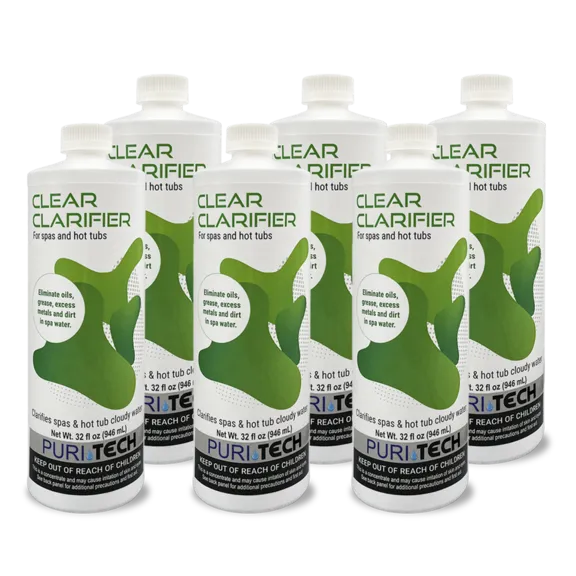 Puri Tech Spa Clear Clarifier 6-Pack: Foamy Water Cleaner, Dirt Eliminator, and Filter Life Extender, 32oz
