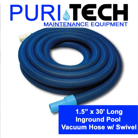 Puri Tech 30ft Inground Swimming Pool Vacuum Hose with Swivel Cuff, 1.5 ft Diameter